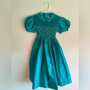 Pervenche Teal and Rosebud Faux Silk smocked Dress, size 6